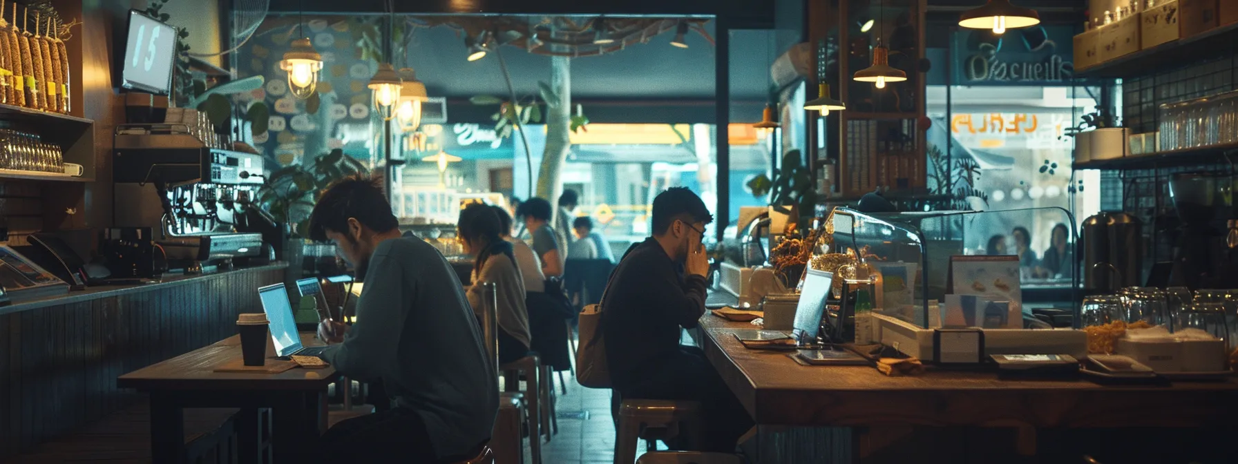 a bustling coffee shop with customers engrossed in reading engaging blog posts on their devices, while others share content on social media, creating a sense of community and connection.