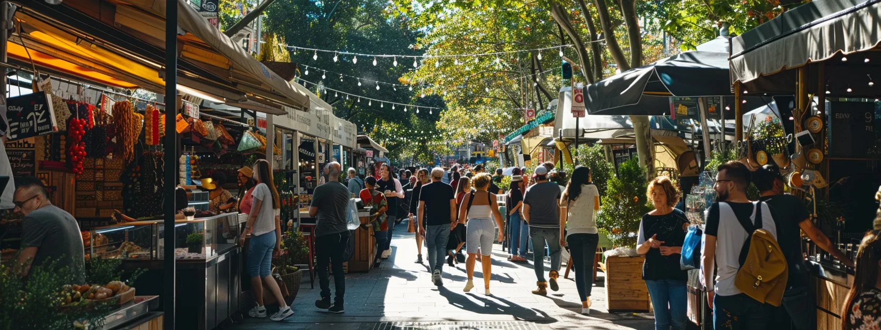 a bustling street market with diverse customers of all ages engaging with vendors, showcasing various social media platforms as storefronts to represent understanding the target audience for small businesses.