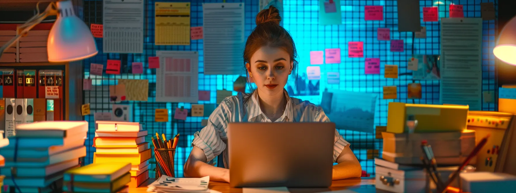 a determined small business owner typing on a laptop surrounded by stacks of notebooks and colourful charts, showcasing the struggle and dedication in overcoming common content marketing challenges.