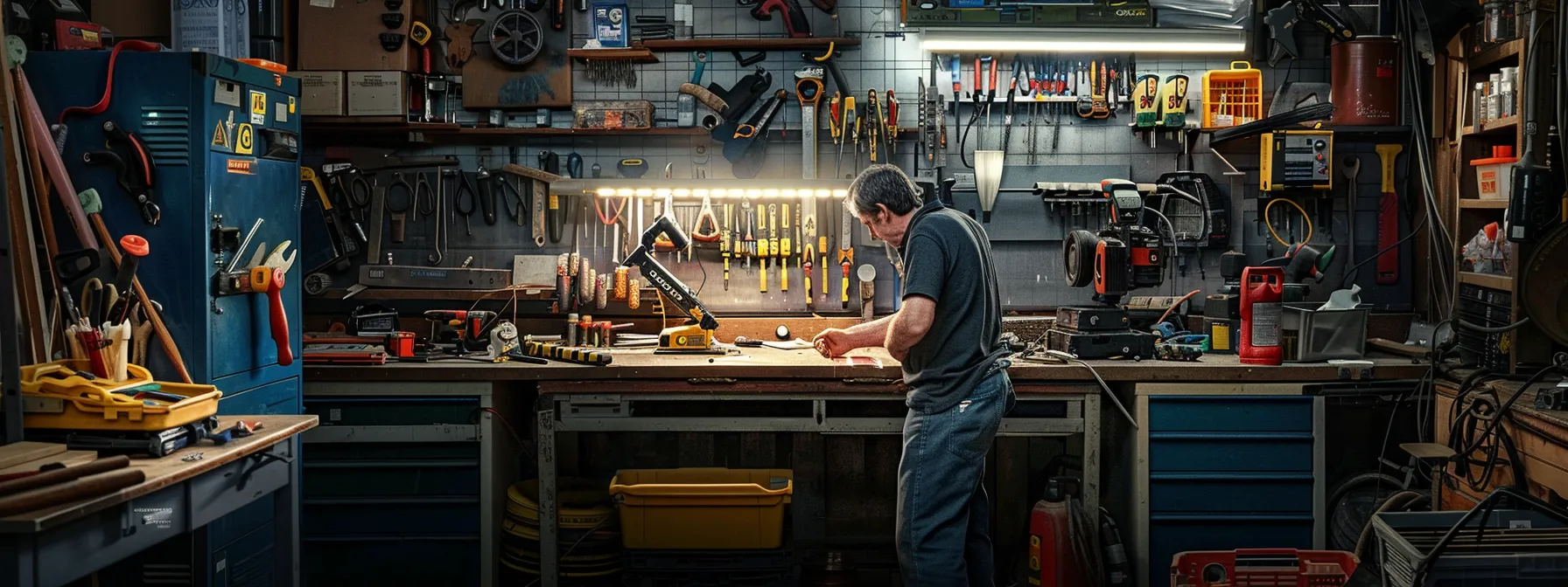 a determined tradesperson carefully crafting a compassionate response to a negative online review, surrounded by tools and equipment in a well-organised workshop.