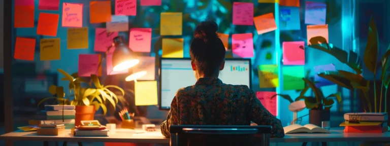 a focused business owner sitting at a desk surrounded by colourful post-it notes, planning their social media strategy.