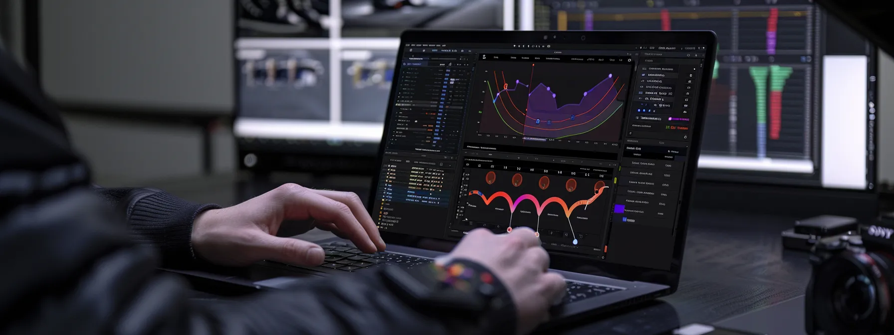 a person carefully comparing different platform features and capabilities on a laptop screen, surrounded by graphs and data for analysis.