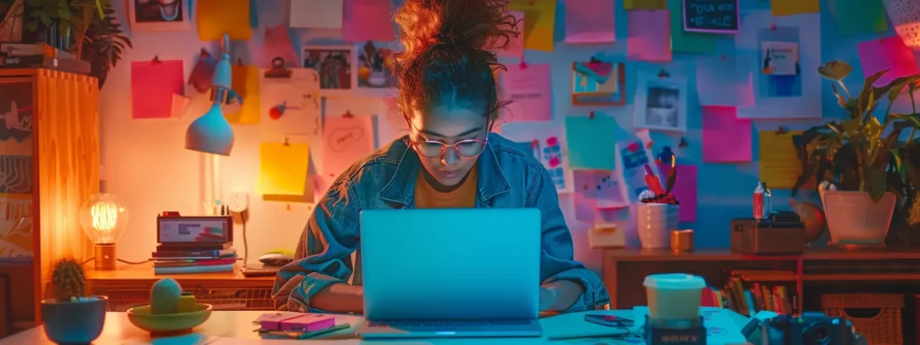 a small business owner carefully crafting a captivating social media post on a vibrant laptop surrounded by colorful marketing materials.