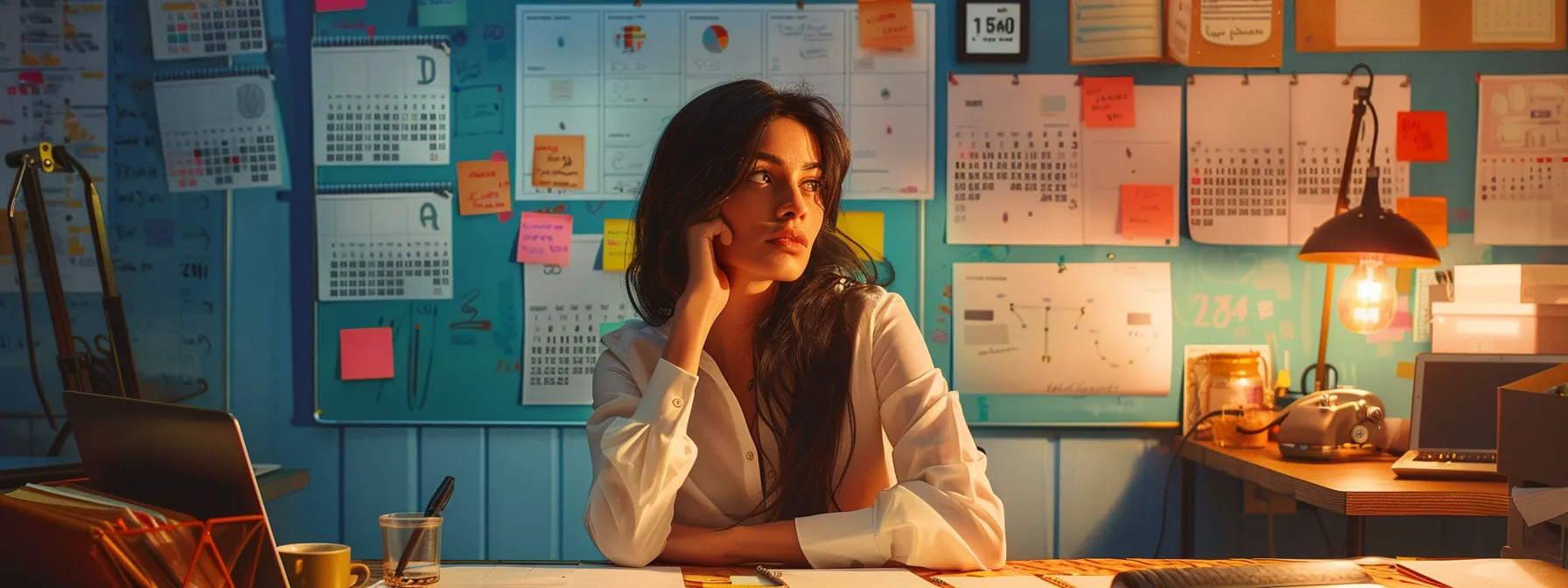 a small business owner sitting at a desk, surrounded by colourful calendars, planning upcoming content for their marketing strategy.