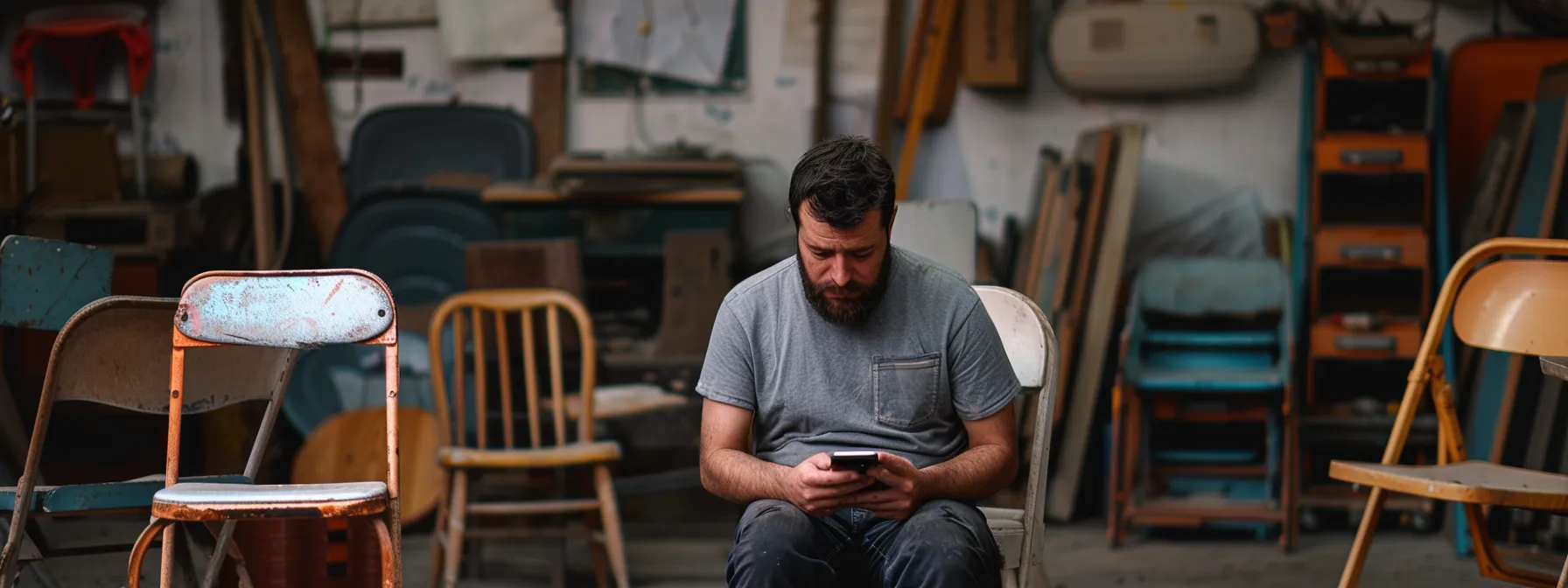 a tradesman looking disappointed as he reads a negative online review on his phone, surrounded by empty chairs in his workshop.