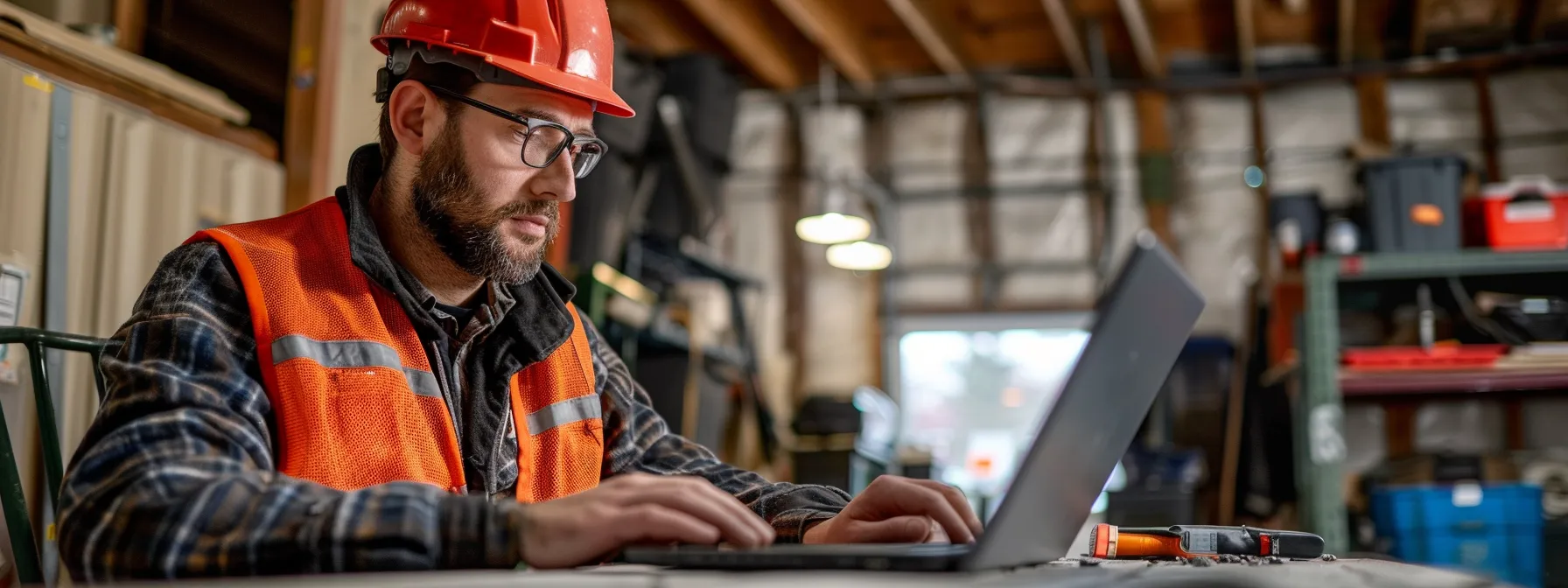 a tradesperson calmly typing a polite and professional response to a negative review on a laptop.