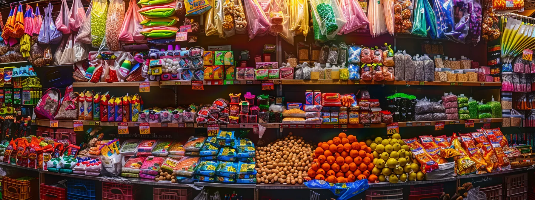 a colourful market stall overflowing with a variety of products, attracting customers with vibrant displays and irresistible offers.