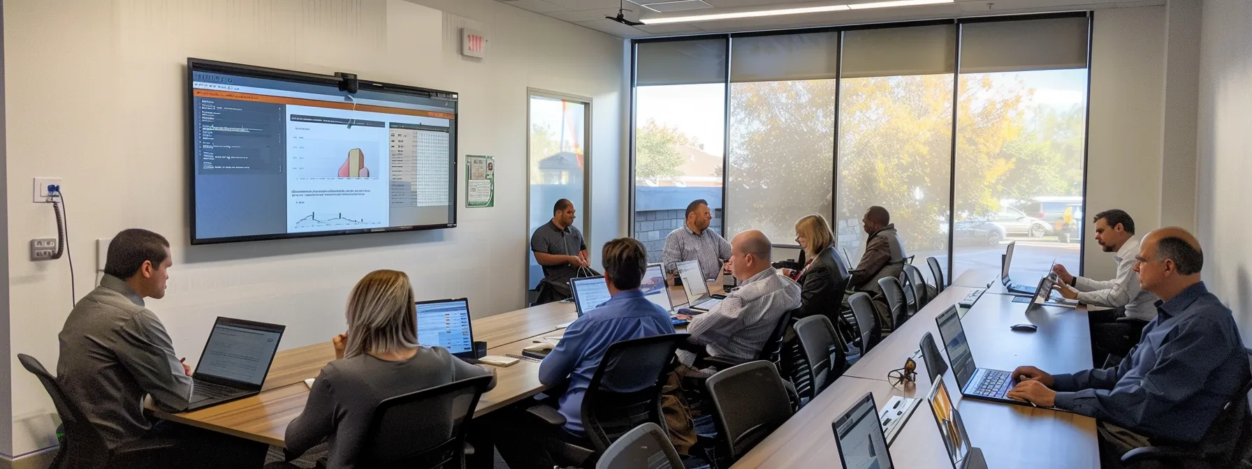 a focused sales team working together in a modern office, using crm tools and discussing strategies to drive revenue growth for a small business.