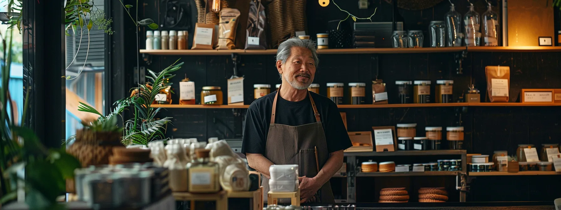 a small business owner surrounded by a variety of new, innovative products on display, showcasing their expanded product offerings and growth strategy.