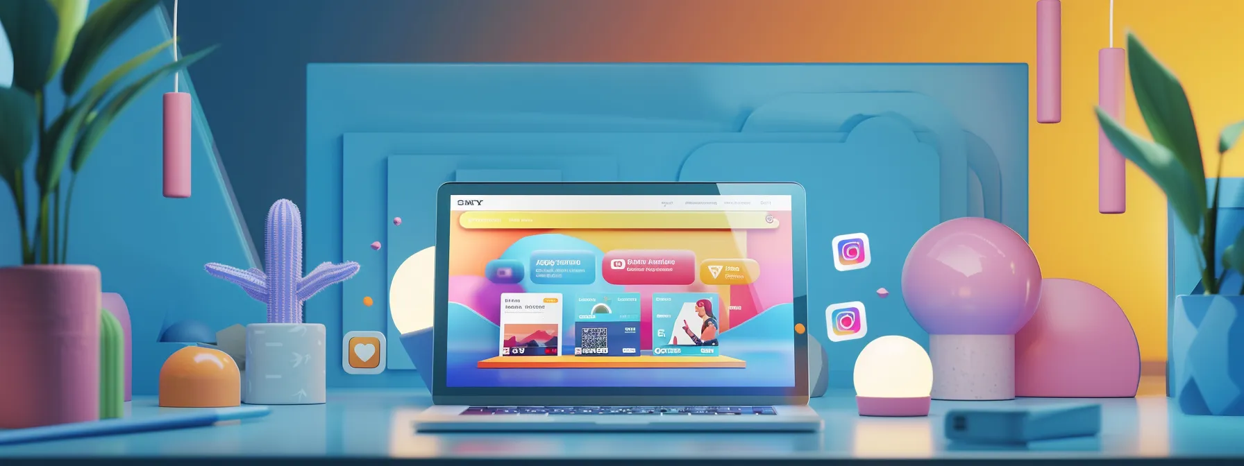 a vibrant and modern website design being showcased on a laptop screen, surrounded by social media icons, seo keywords, and positive online reviews.