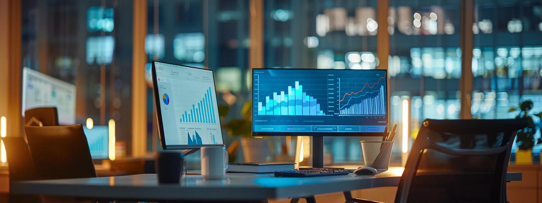 a sleek, modern workspace displays multiple digital screens showcasing vibrant analytics and social media metrics, illuminated by soft ambient lighting, conveying a sense of strategic engagement and digital insight.