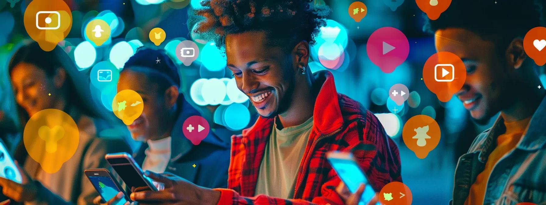 a vibrant and dynamic scene illustrating a diverse group of enthusiastic individuals engaging with their smartphones, surrounded by vivid social media icons cascading around them, symbolising successful brand interaction and user-generated content in a lively urban setting.