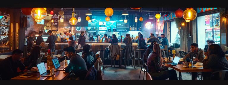 a vibrant, bustling café filled with focused individuals interacting over laptops, seamlessly blending the digital and physical worlds in a dynamic atmosphere of social engagement.