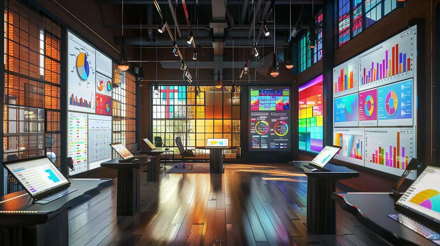 a dynamic and engaging workspace filled with colourful charts and digital screens displaying keyword analytics, illustrating the process of cost-effective keyword research for enhancing online visibility.