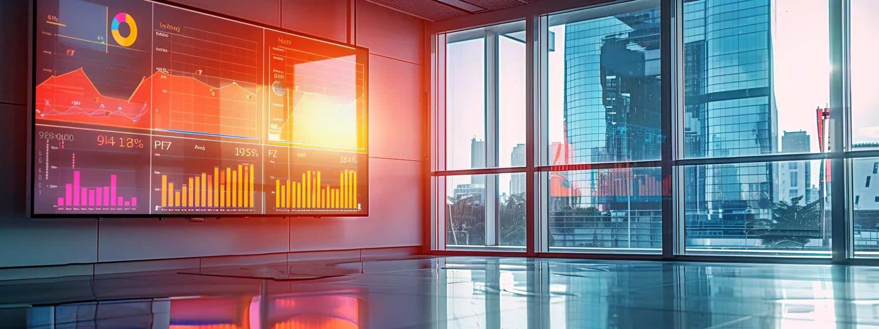 a sleek, modern office space is illuminated by natural light, showcasing a prominent digital dashboard with vibrant graphs and metrics that visually narrate the journey of social media performance and strategic data analysis.