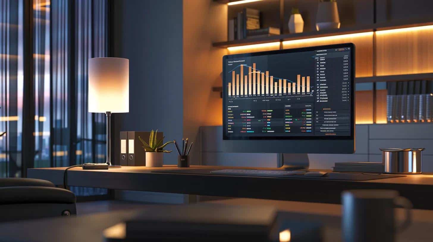 a sleek, modern office workspace glows under soft lighting, featuring a high-resolution monitor displaying dynamic analytics graphs and seo metrics, symbolising the power of data-driven decisions for online success.