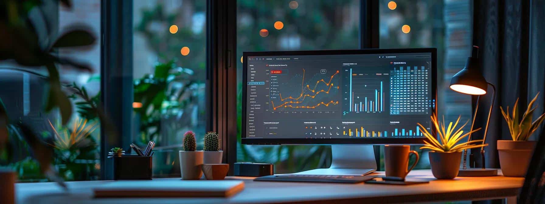 a sleek, modern workspace featuring a large computer screen displaying vibrant graphs and analytics dashboards, illuminated by soft natural light streaming through a nearby window, symbolising the power of social media metrics and data-driven insights.