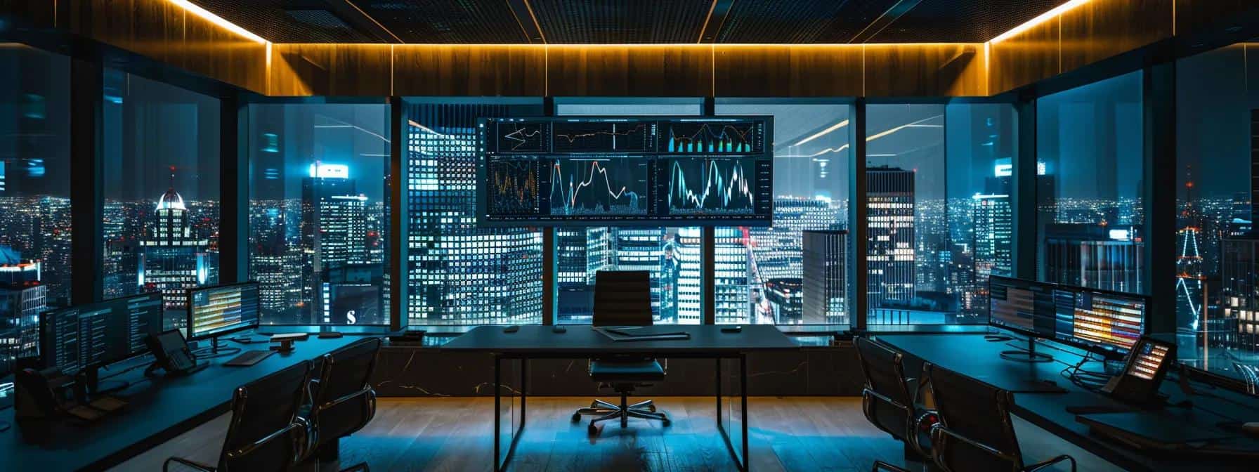 a sleek, modern workspace illuminated by dynamic led lights, showcasing a large screen displaying real-time social media analytics and insightful ai-driven data trends, symbolising the future of digital marketing.