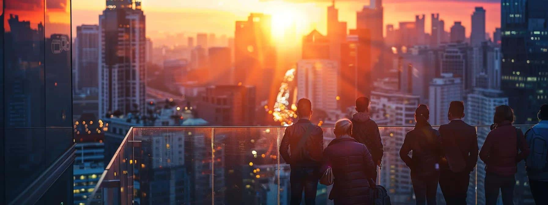 a vibrant cityscape at dusk showcases a group of diverse professionals engaging in animated discussions, illuminated by the warm glow of streetlights, symbolising the connection between social media metrics and collective success.