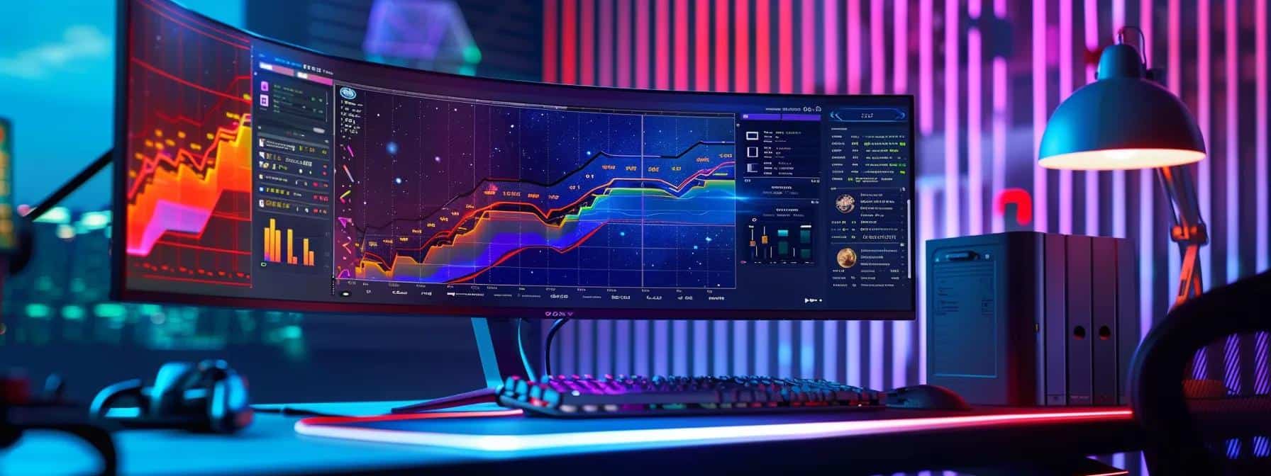 a vibrant digital workspace showcases a computer screen displaying colourful graphs and metrics, symbolising the dynamic analysis and strategic enhancement of social media performance.