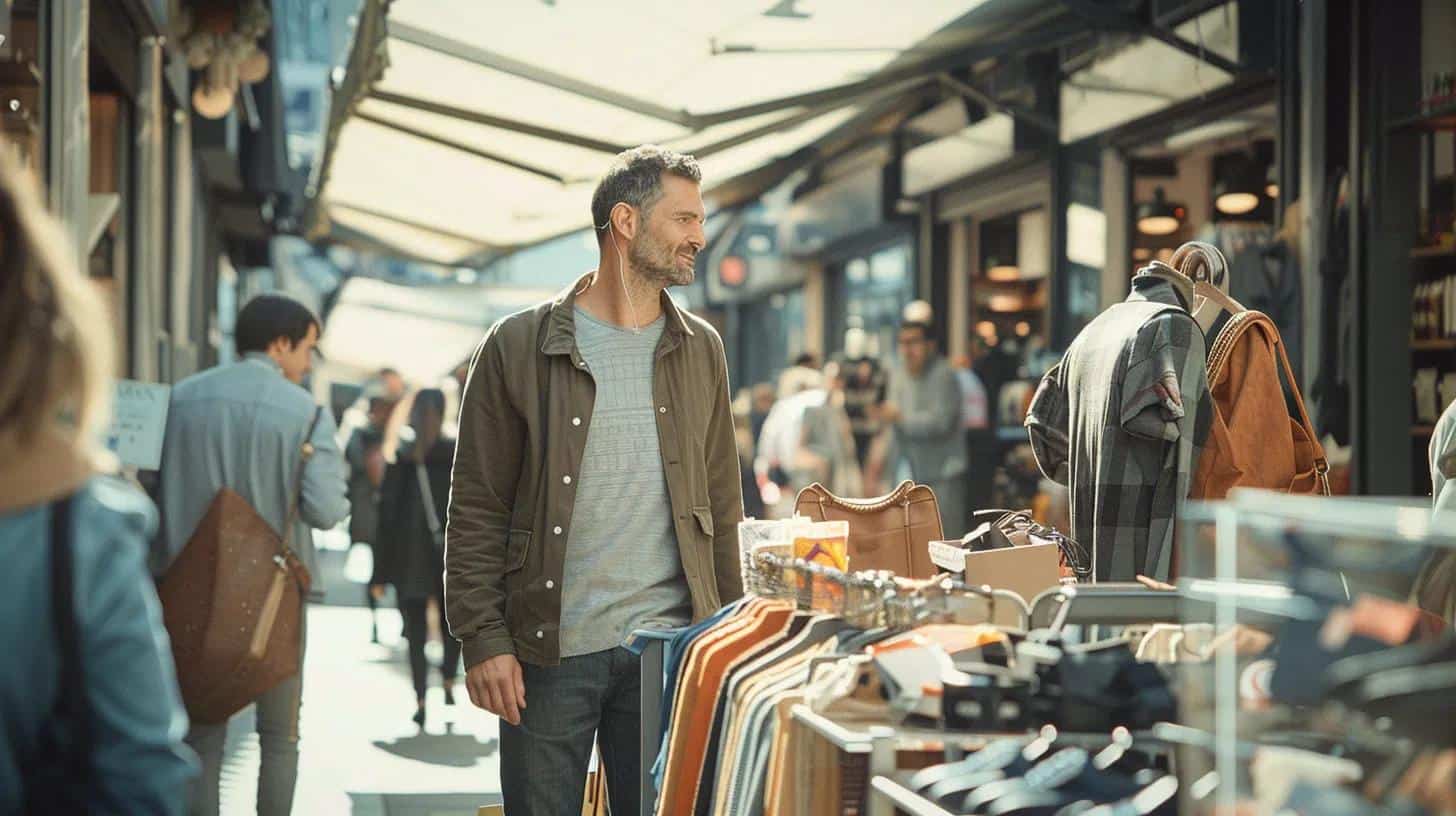 a vibrant street scene bustling with local shoppers, showcasing a lively market filled with diverse shops and vibrant signage that reflects the importance of community engagement and local branding.