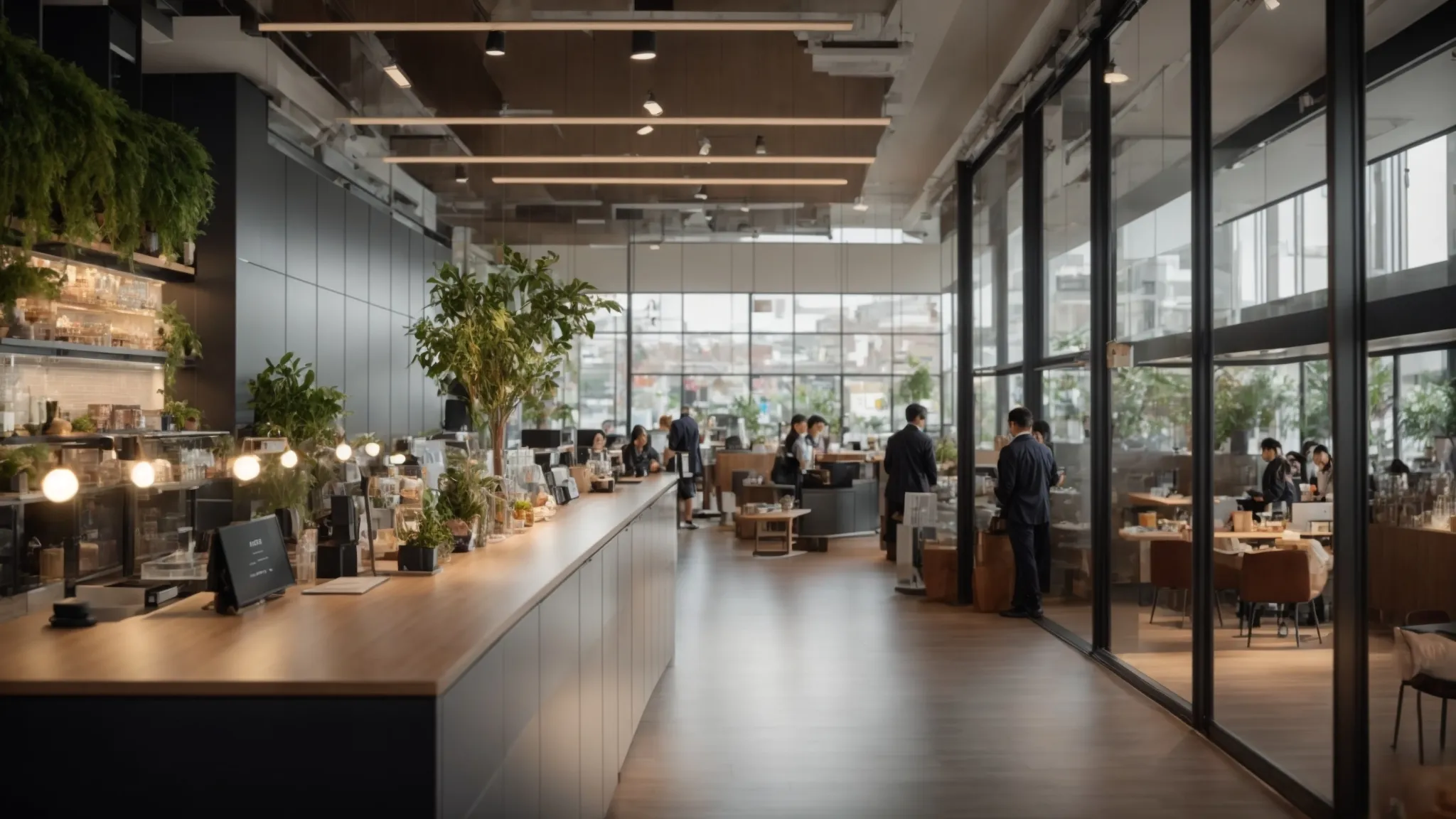 a dynamic and modern small business interior bustling with activity, showcasing ai-driven technology seamlessly integrating with staff to boost sales and profits, illuminated by bright, natural light streaming through large windows.