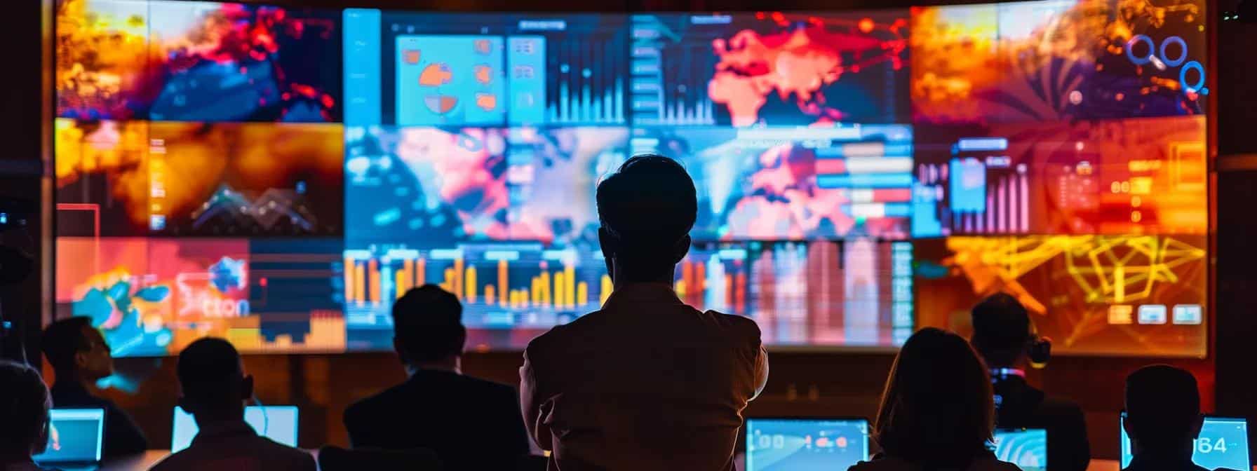 a visually striking scene featuring a vibrant conference setting with engaged professionals attentively analysing dynamic social media metrics displayed on large screens, showcasing the transformative power of data-driven strategies for brand success.