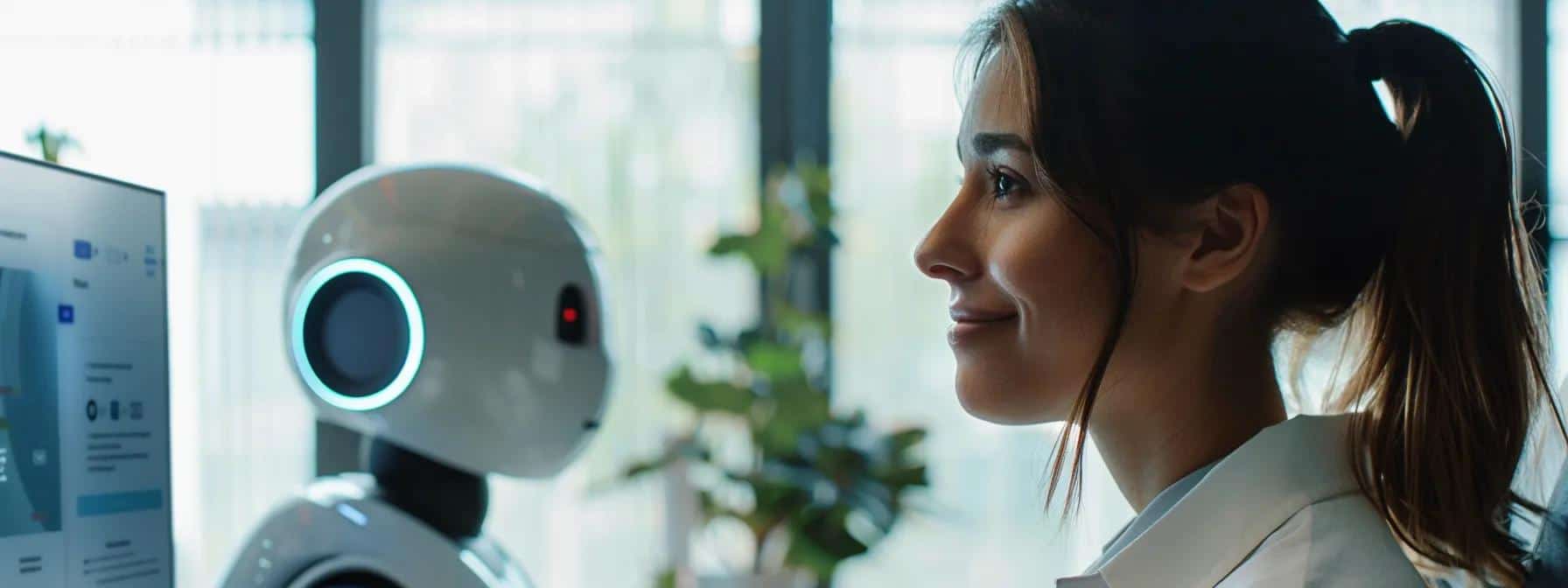 a modern office setting with a small business owner smiling as an ai chatbot efficiently handles customer inquiries on a computer screen.